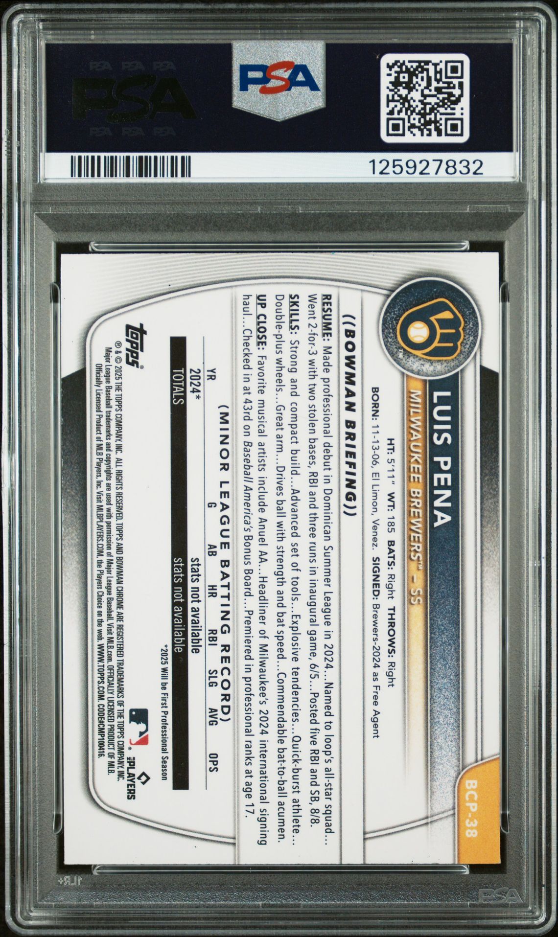 2025 Bowman Chrome Prospects Luis Pena #Bcp38 (Chrome Pros-Blue Ref) N0: Authentic back