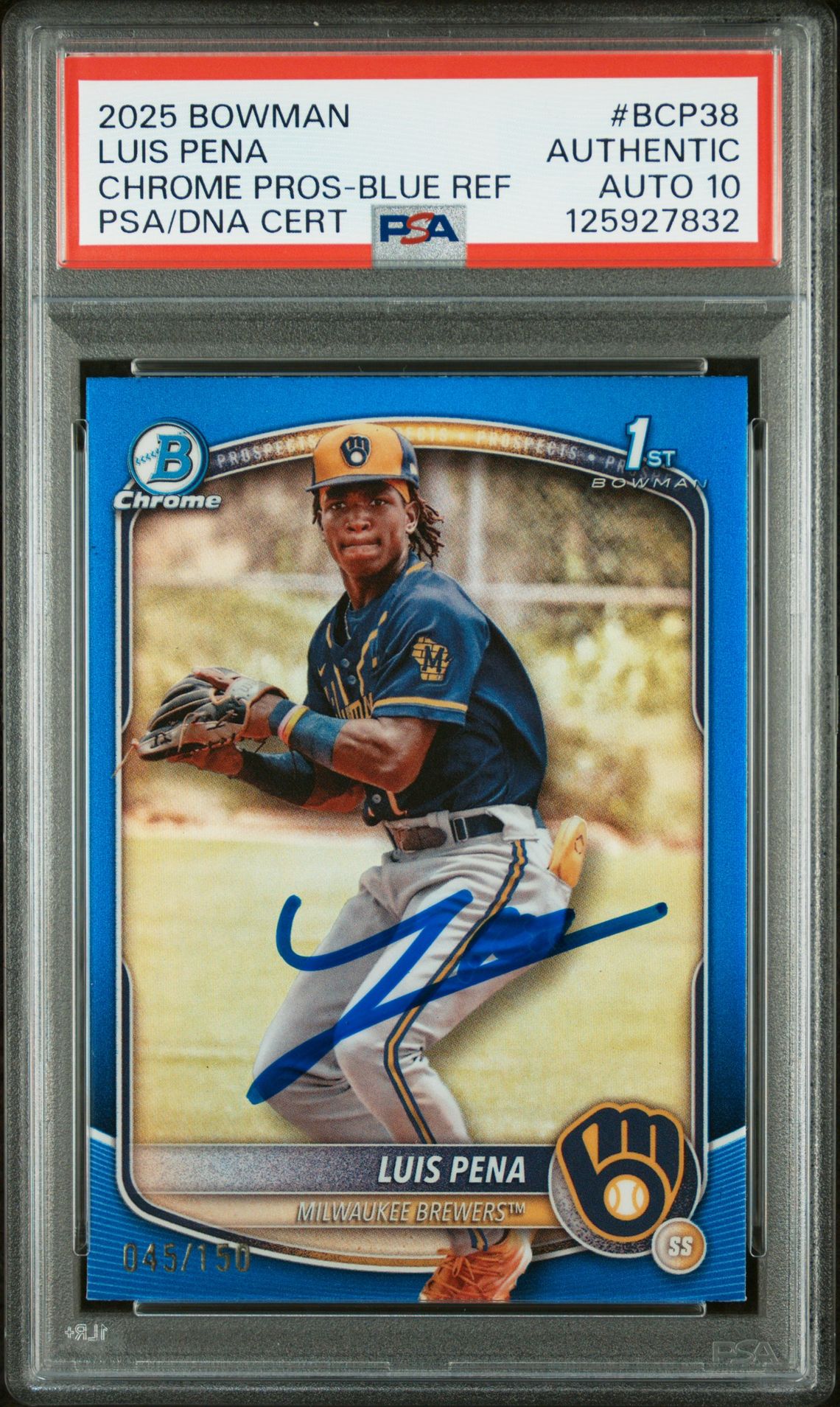 2025 Bowman Chrome Prospects Luis Pena #Bcp38 (Chrome Pros-Blue Ref) N0: Authentic front