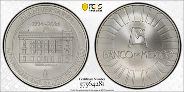 2024-Mo Medal 30th Anniversary Ag Autonomy of Bank of Mexico MS70