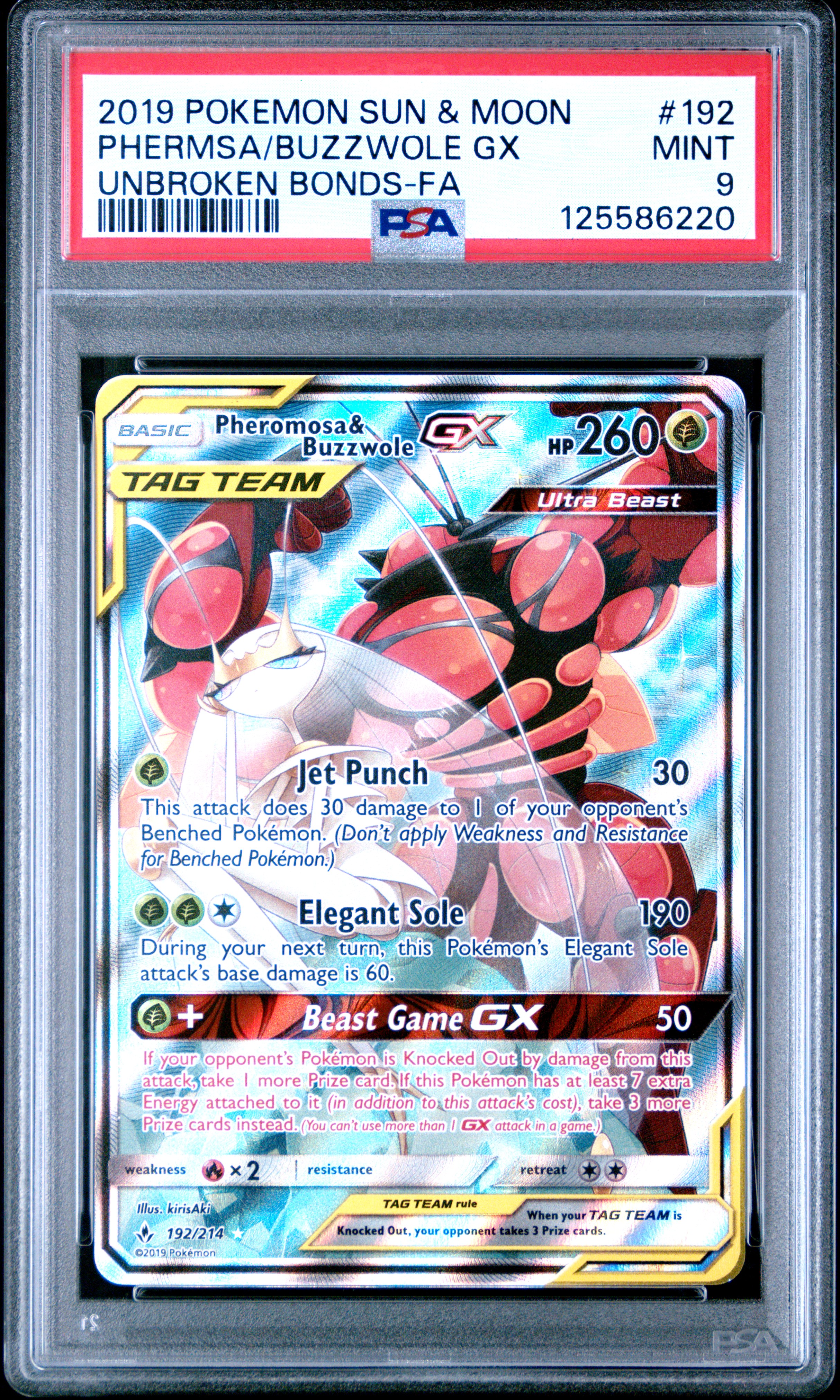 2019 #192 Full Art/Pheromosa & Buzzwole GX PSA 9 Sun & Moon Unbroken Bonds