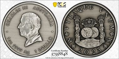 2025 $1 225th Ann. Proclamation Coins Pillar Dollar Antiqued Ag SP70