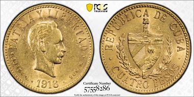 1916 4 Peso KM-18  Au AU55