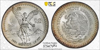 1991-Mo Onza Libertad Ag T2 - PLaTA PuRA MS66