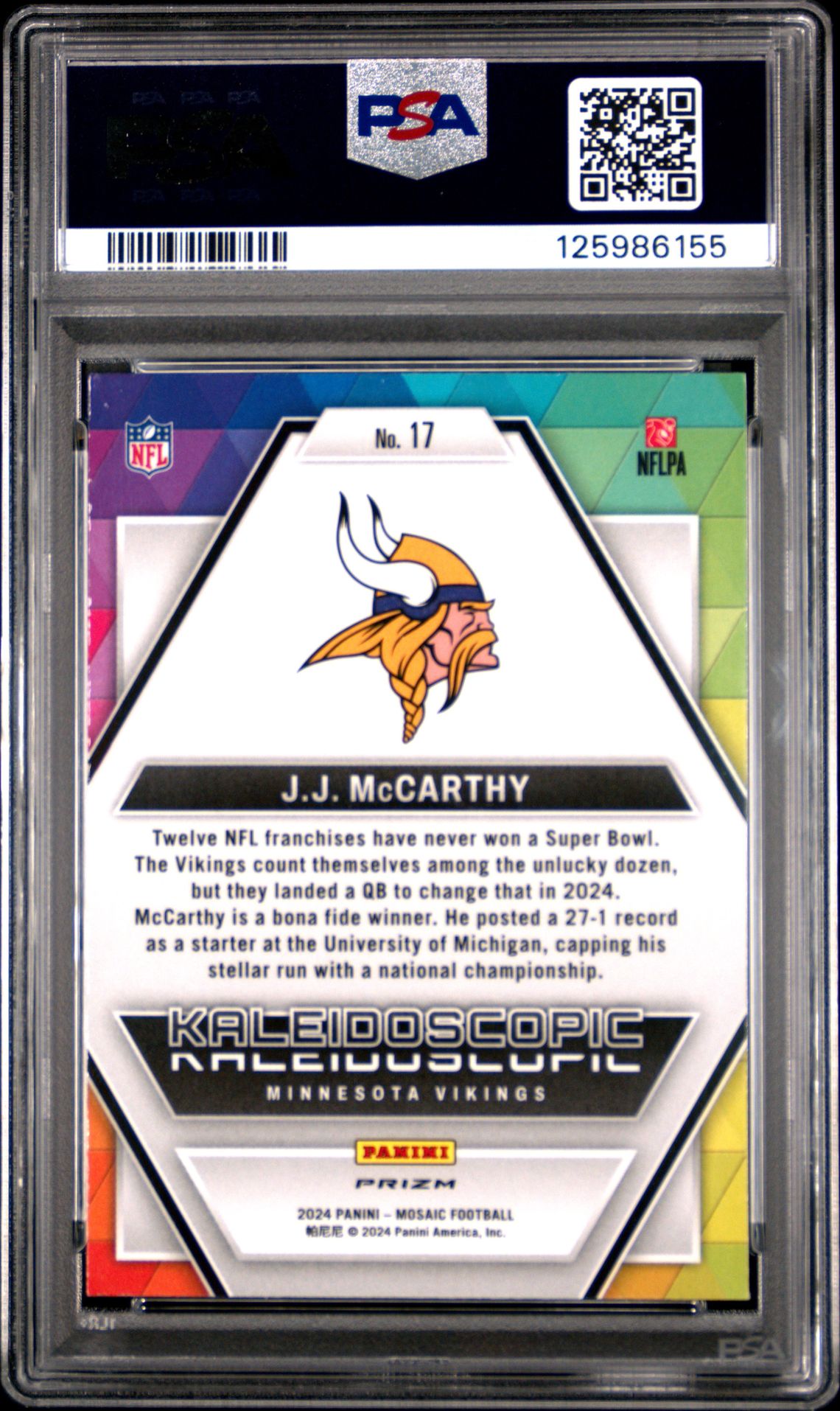 2024 Panini Mosaic Kaleidoscopic Jj Mccarthy #17 Gem Mt 10 back view - PSA certificate #125986155