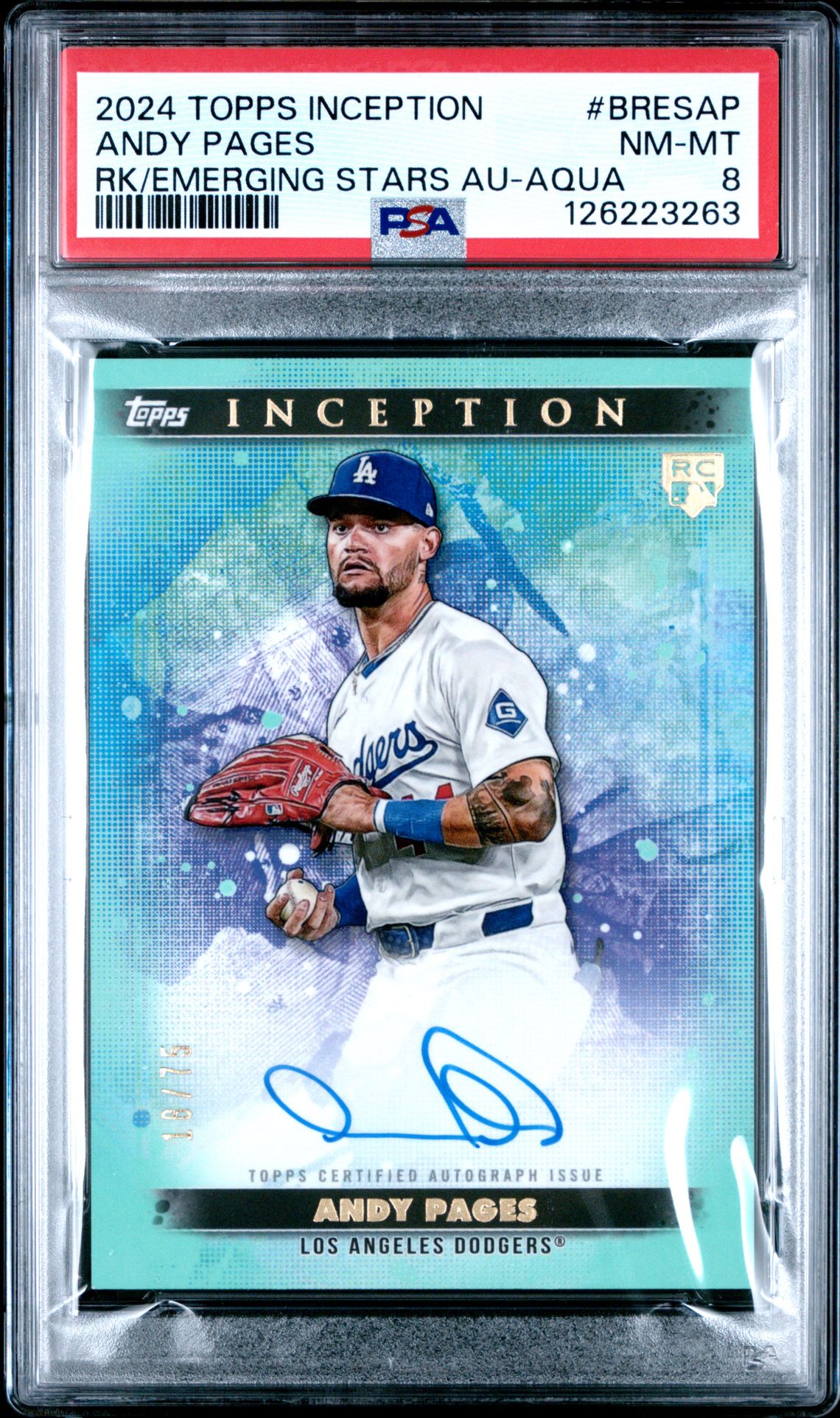 2024 Topps TOPPS INCEPTION BASE ROOKIE AND EMERGING STAR AUTOGRAPHS RK/EMERGING STARS AU-AQUA #BRESAP Andy Pages front