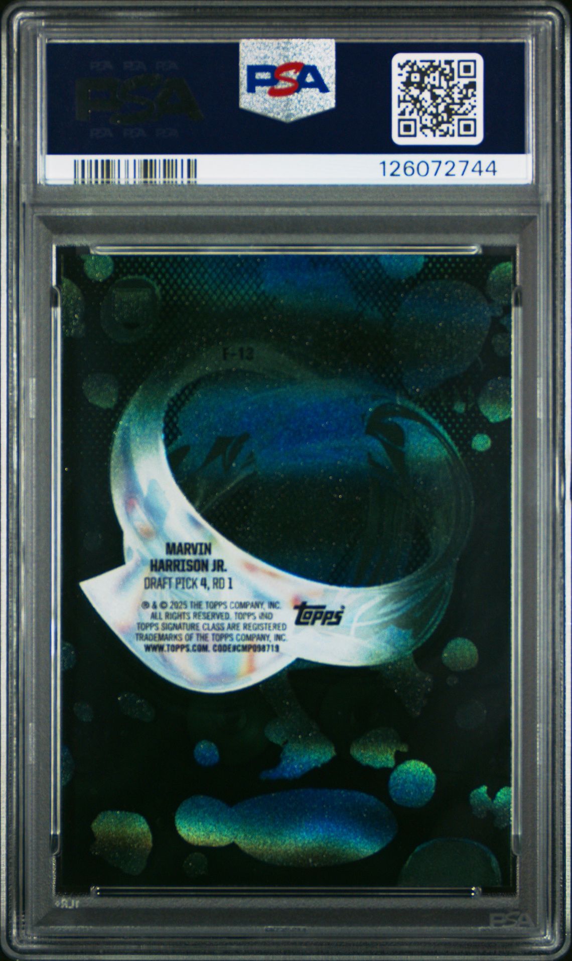 2024 Topps Signature Class Fluidity Marvin Harrison Jr. #F13 (Fluidity-Green) Gem Mt 10 back view - PSA certificate #126072744