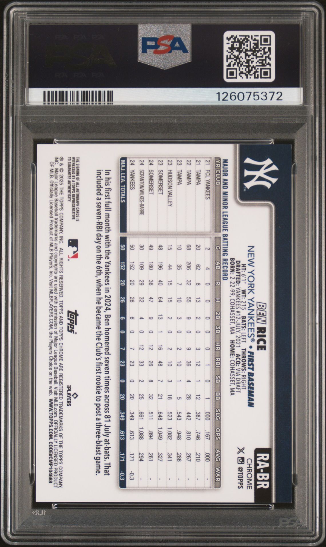 2025 Topps Chrome Rookie Autographs Ben Rice #Rabr (Rookie Autograph-Green Ref) Mint 9 back