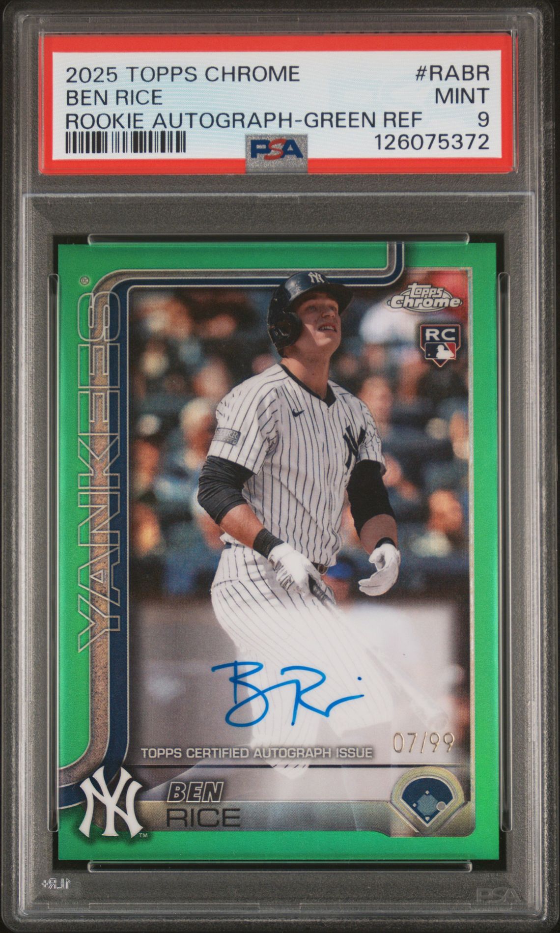 2025 Topps Chrome Rookie Autographs Ben Rice #Rabr (Rookie Autograph-Green Ref) Mint 9 front
