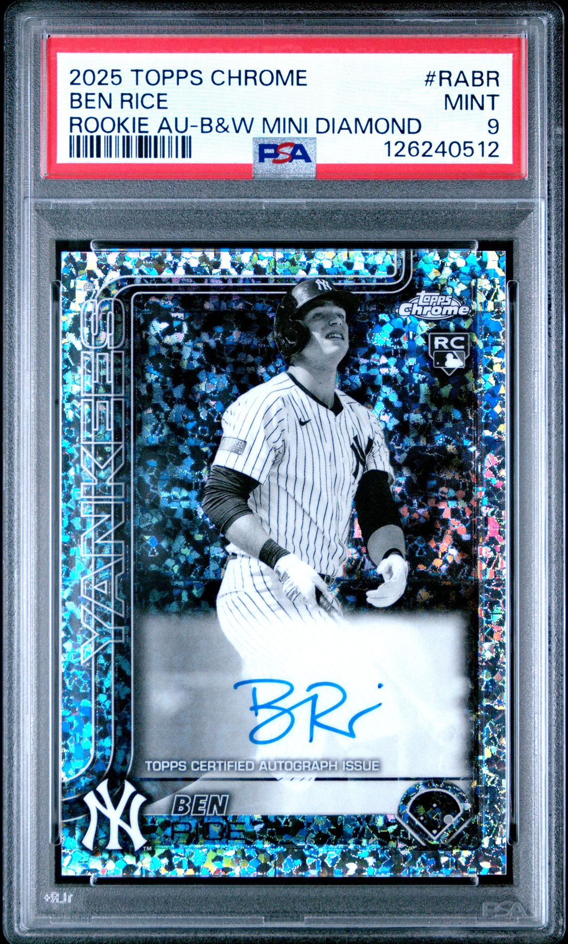 2025 Topps Chrome Rookie Autographs Ben Rice #Rabr (Rookie Au-B&W Mini Diamond) Mint 9 front