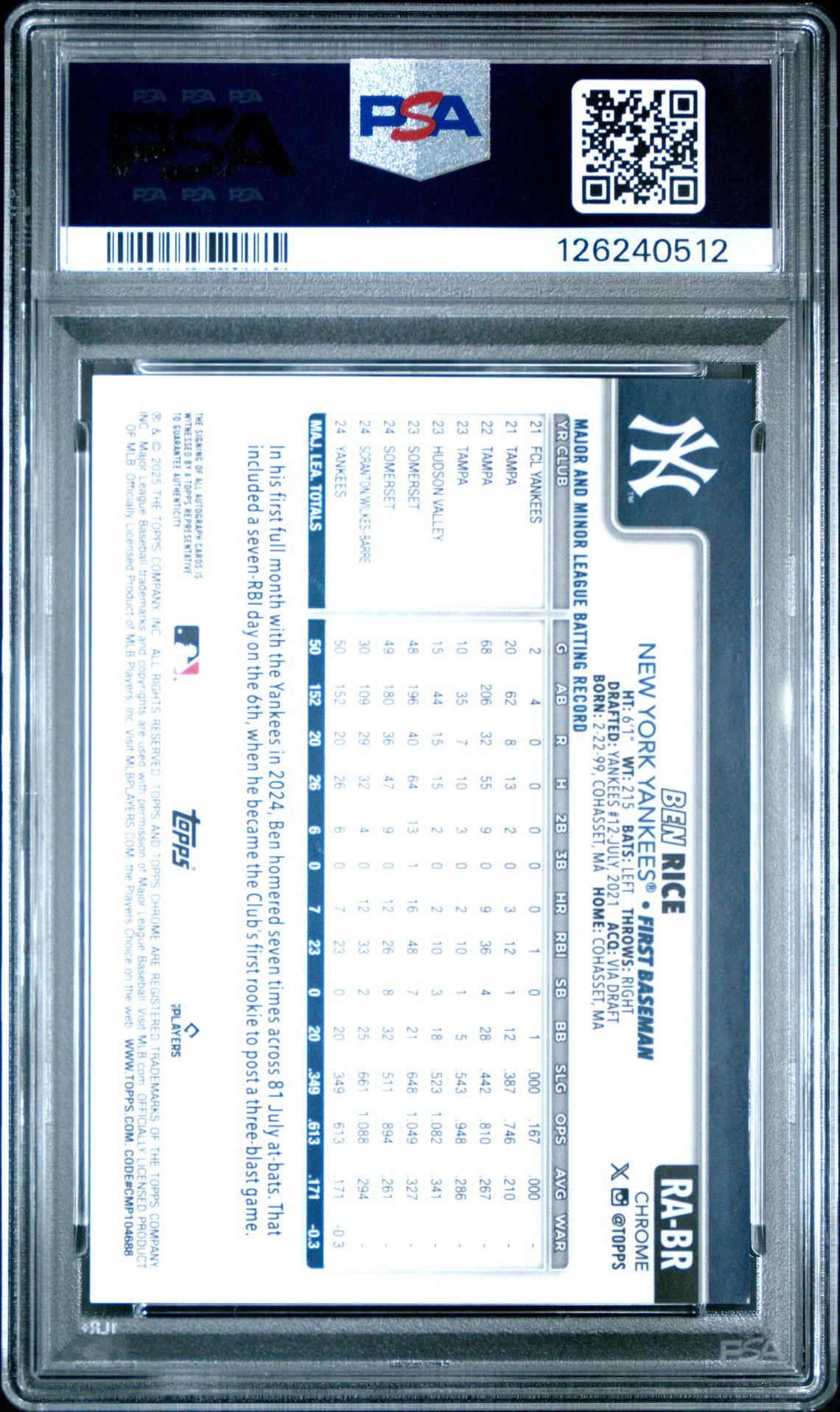 2025 Topps Chrome Rookie Autographs Ben Rice #Rabr (Rookie Au-B&W Mini Diamond) Mint 9 back