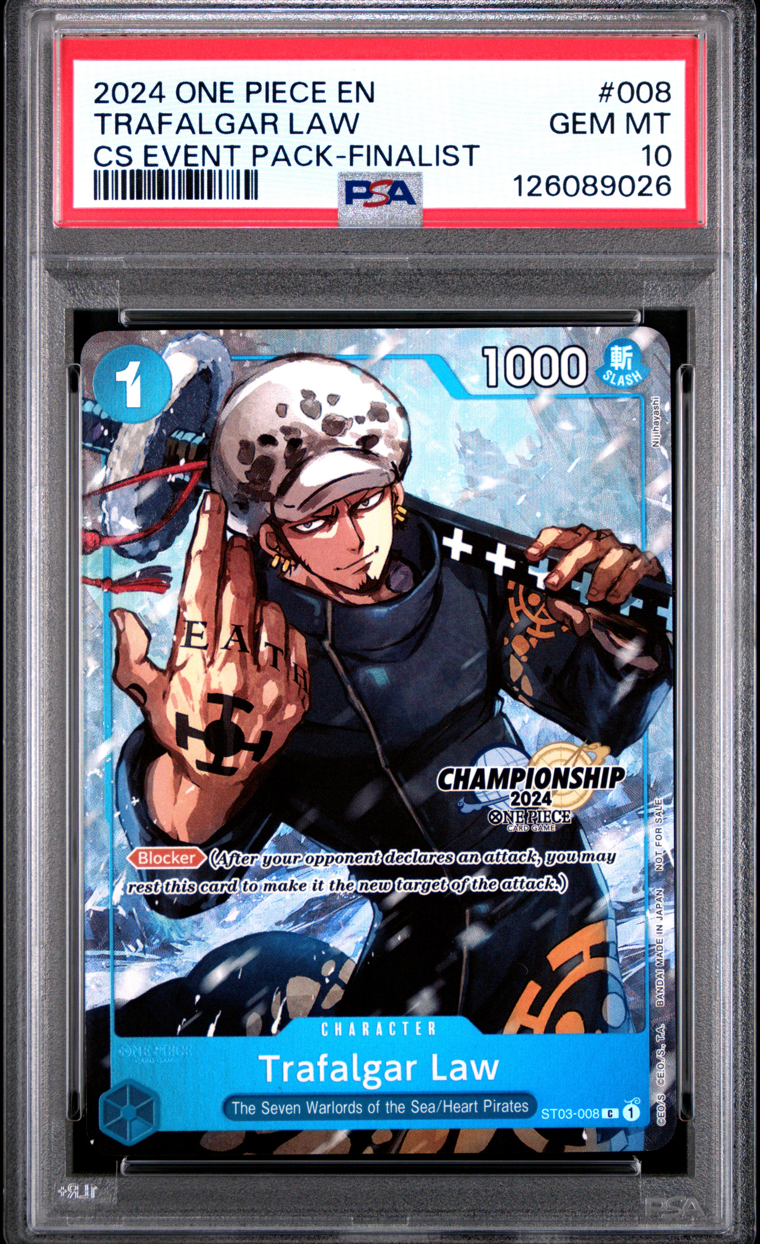 mcsnipeoptcg's 2024 One Piece Championship 2024 Event Pack Trafalgar Law Cs  Event Pack-Finalist #008 PSA 10 | Card Ladder
