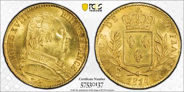 1814-A 20 Fr Gad-1026 Louis XVIII F-517 MS64