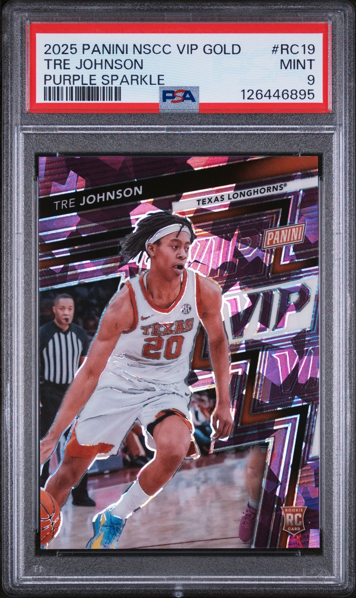 2025 Panini PANINI NATIONAL SPORTS COLLECTORS CONVENTION VIP GOLD PURPLE SPARKLE #RC19 Tre Johnson front
