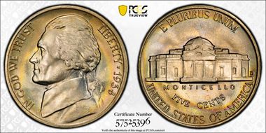 1938-D 5C Jefferson MS67FS