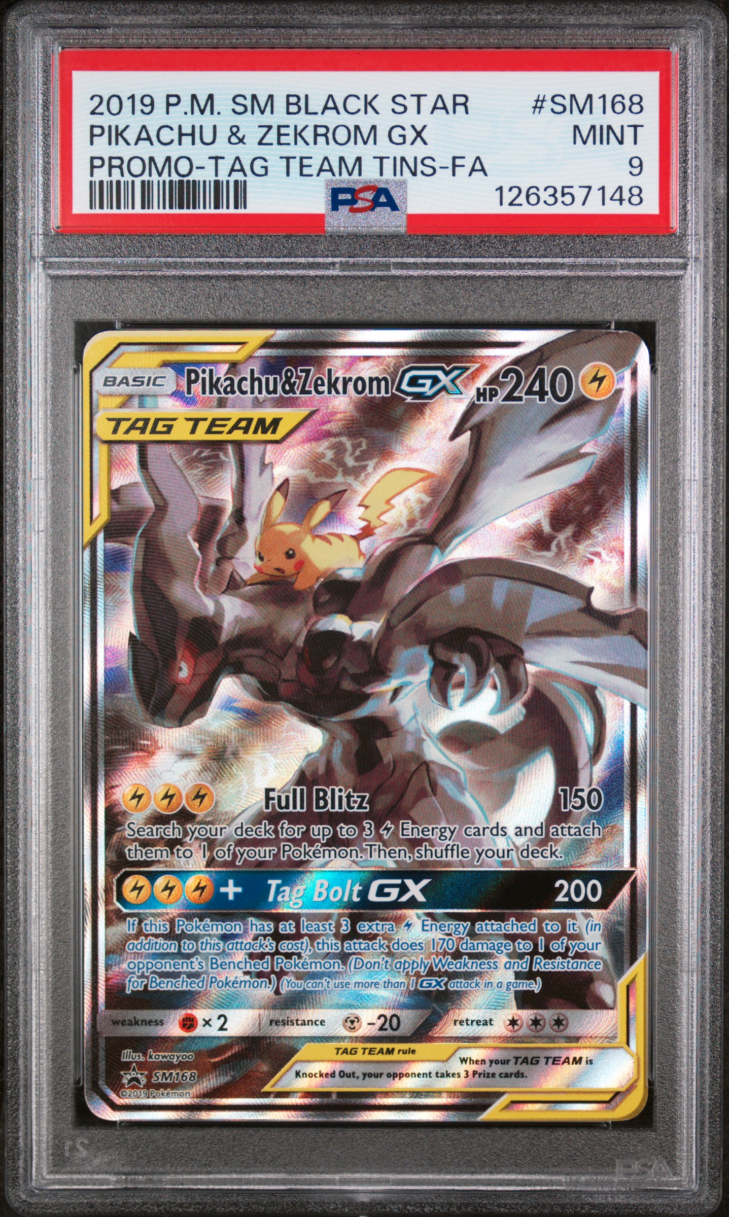 2019 #SM168 Full Art/Pikachu & Zekrom GX PSA 9 SM Black Star Promo