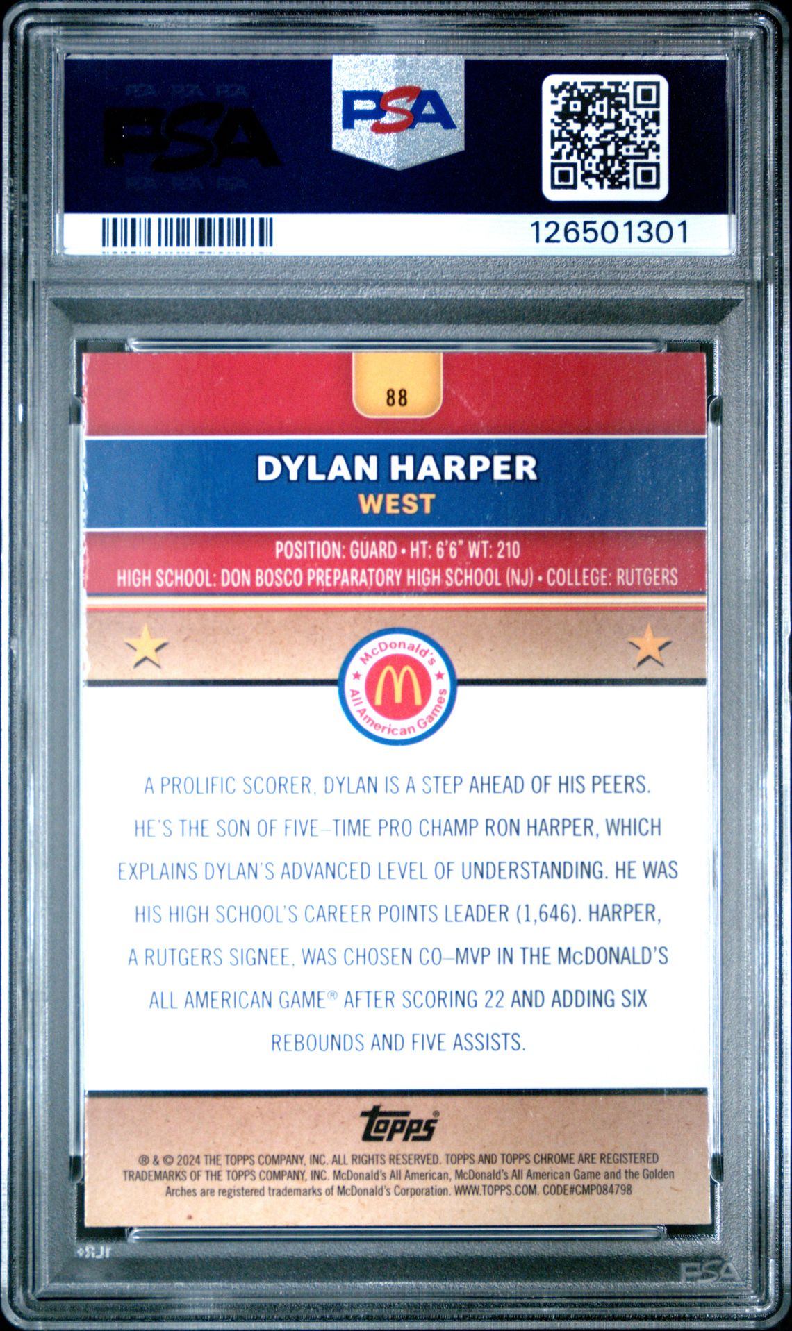 2024 Topps Chrome Mcdonald's All American Dylan Harper #88 (Aqua Wave) Gem Mt 10 back