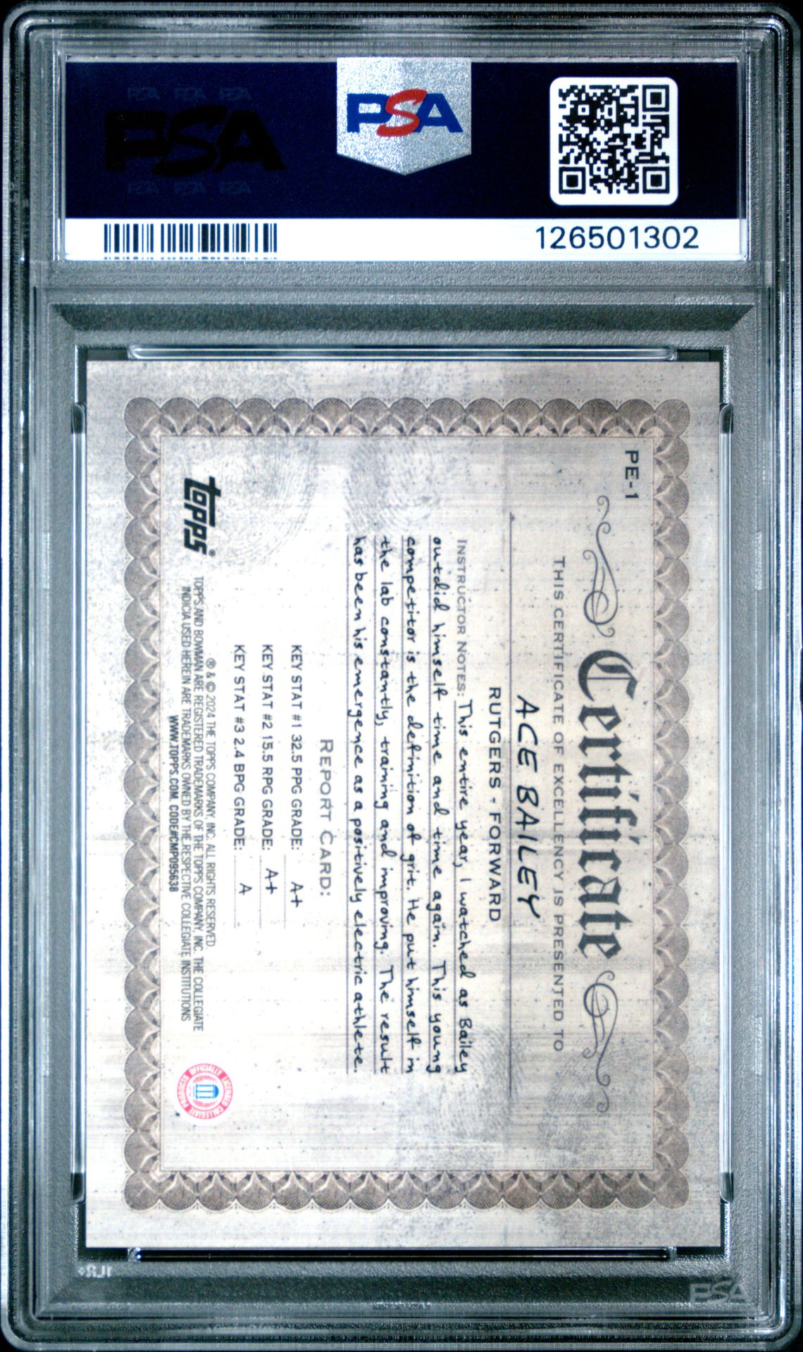 2024 Bowman Chrome University Physical Education Ace Bailey #Pe1 Gem Mt 10 back