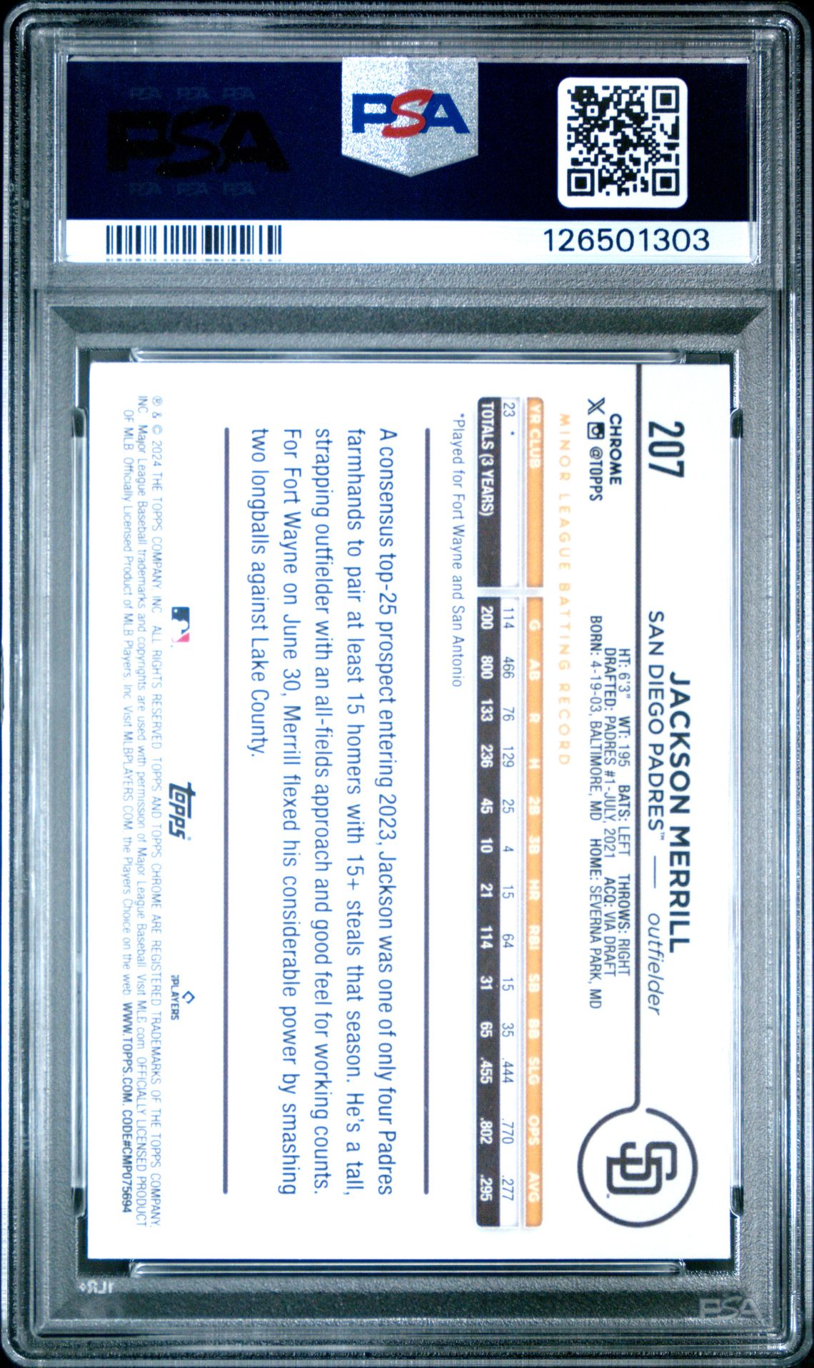 2024 Topps Chrome Jackson Merrill #207 Mint 9 back