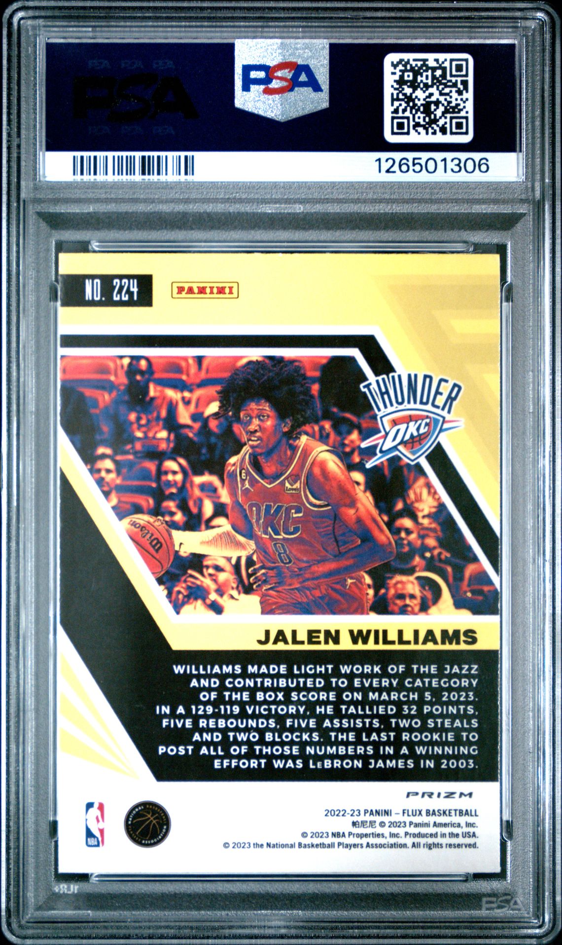 2022 Panini Flux Jalen Williams #224 (Red Cracked Ice) Gem Mt 10 back