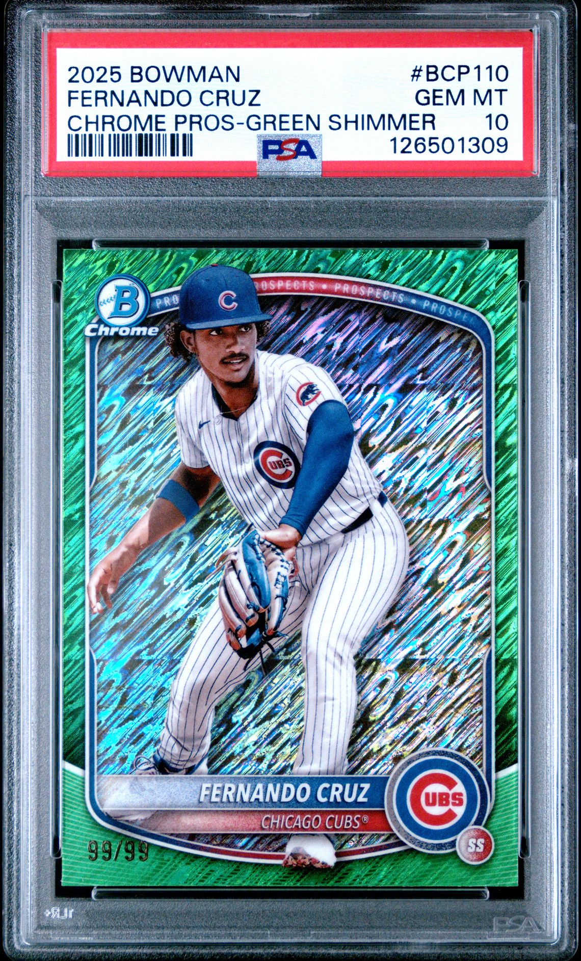 2025 Bowman Chrome Prospects Fernando Cruz #Bcp110 (Chrome Pros-Green Shimmer) Gem Mt 10 front