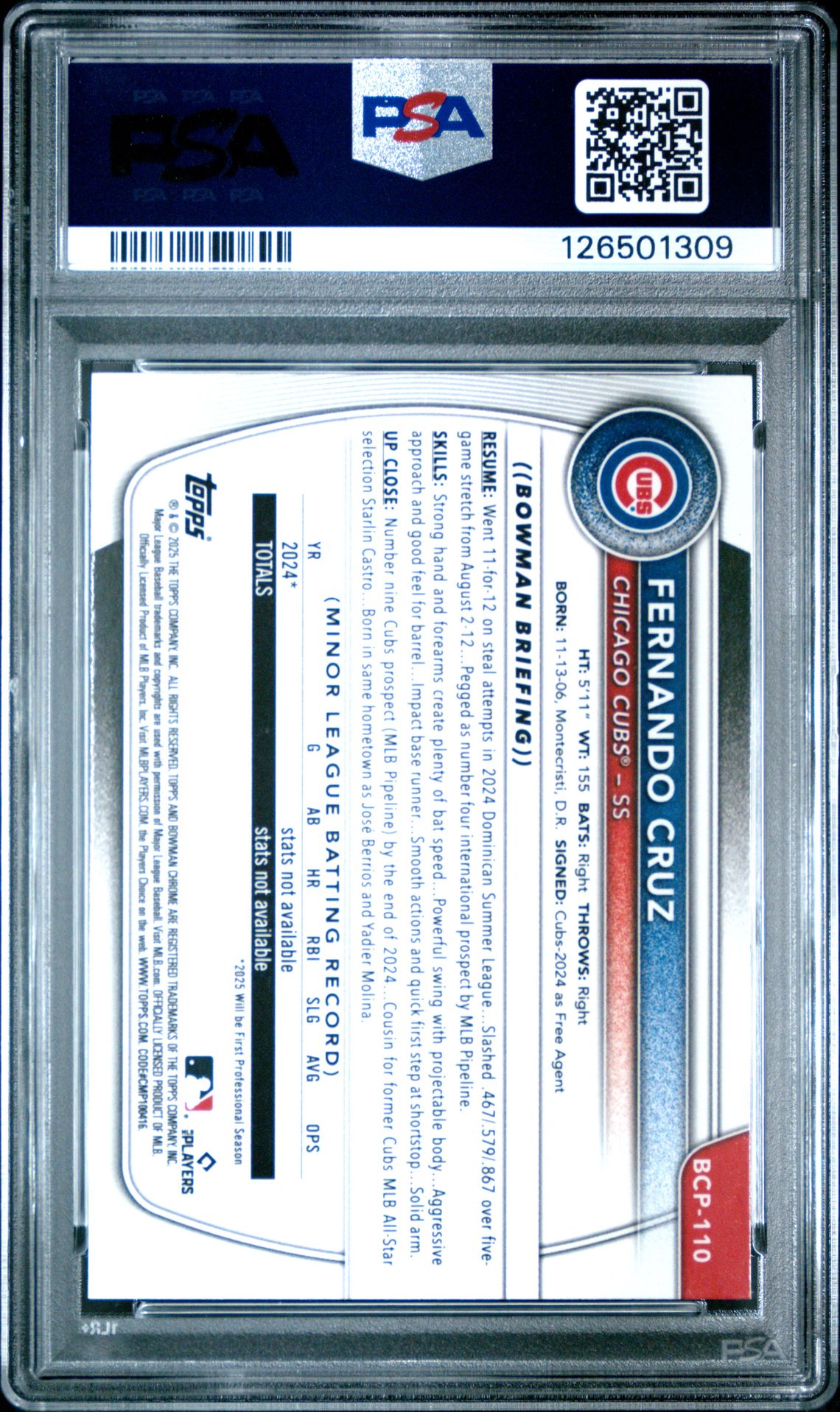 2025 Bowman Chrome Prospects Fernando Cruz #Bcp110 (Chrome Pros-Green Shimmer) Gem Mt 10 back