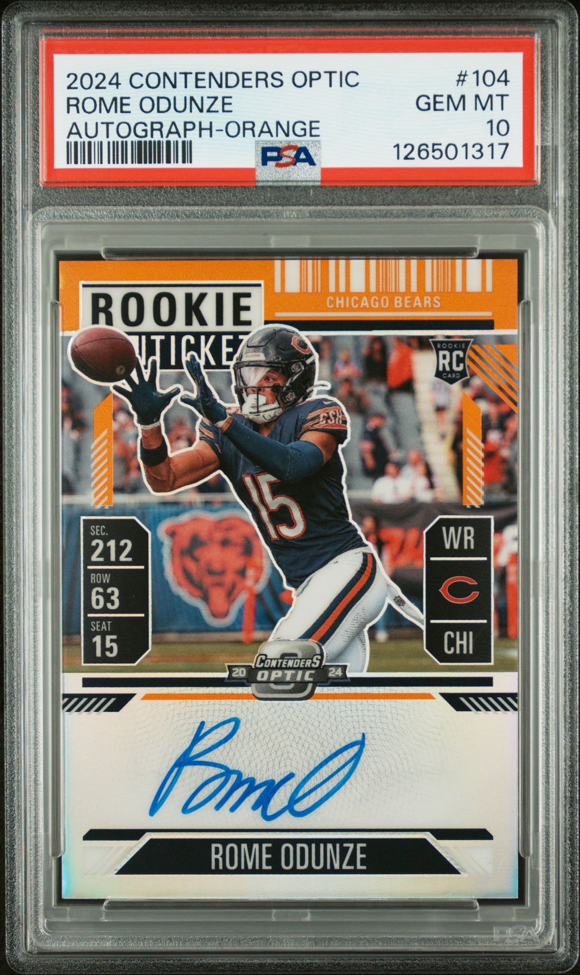 2024 Panini Contenders Optic Rome Odunze #104 (Autograph-Orange) Gem Mt 10 front