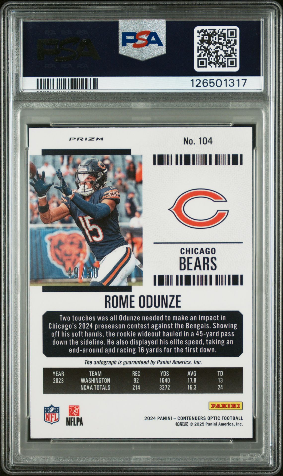 2024 Panini Contenders Optic Rome Odunze #104 (Autograph-Orange) Gem Mt 10 back