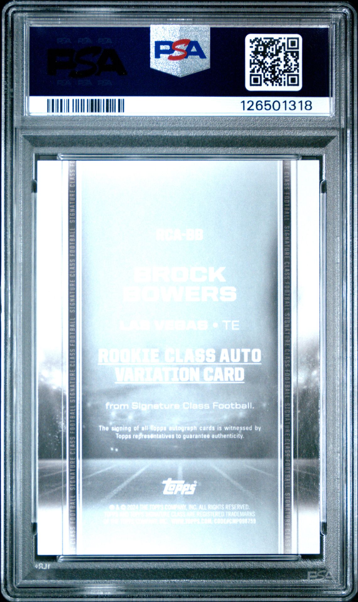 2024 Topps Signature Class Rookie Class Autograph Variation Brock Bowers #Rcabb (Rookie Class Autograph Var) Gem Mt 10 back