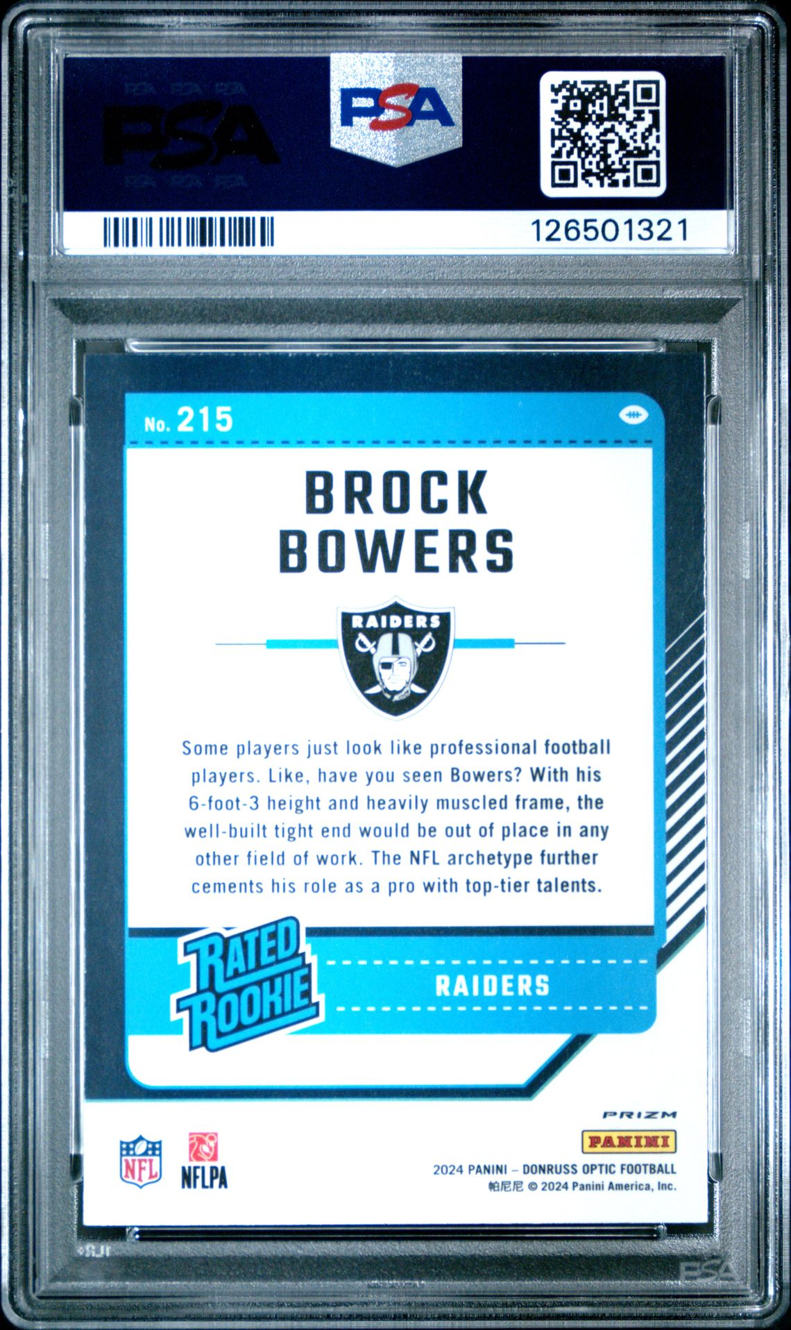 2024 Panini Donruss Optic Brock Bowers #215 (Blue Hyper) Mint 9 back