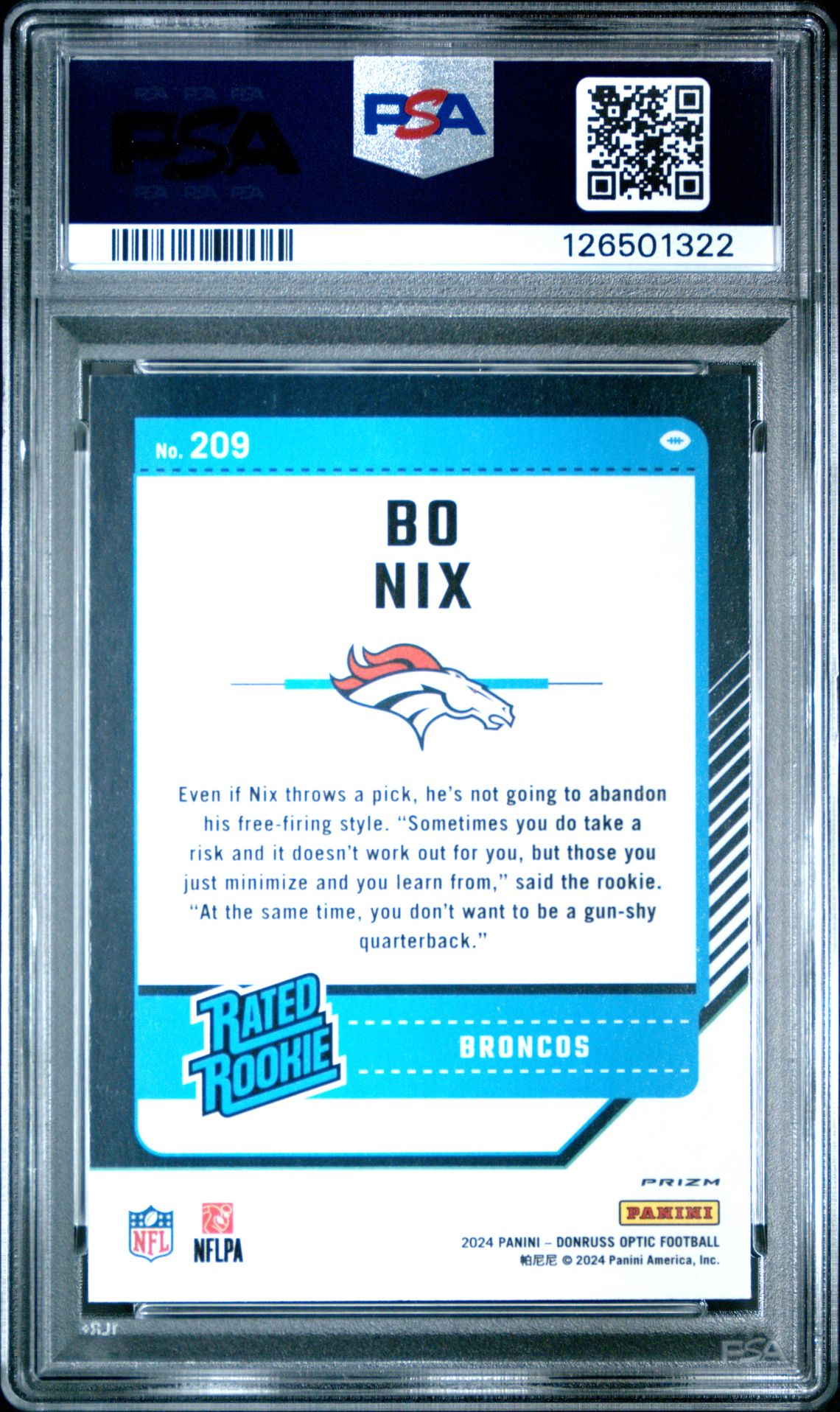 2024 Panini Donruss Optic Bo Nix #209 (Pink) Gem Mt 10 back