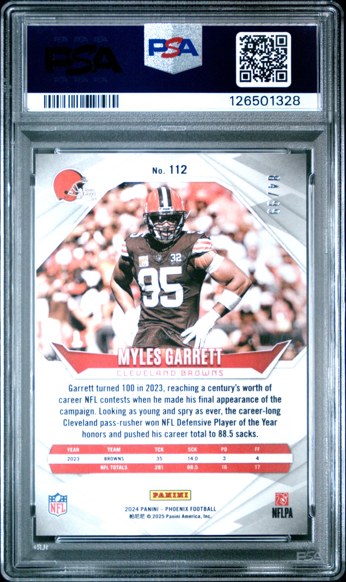 2024 Panini Phoenix Myles Garrett #112 (Red) Gem Mt 10 back