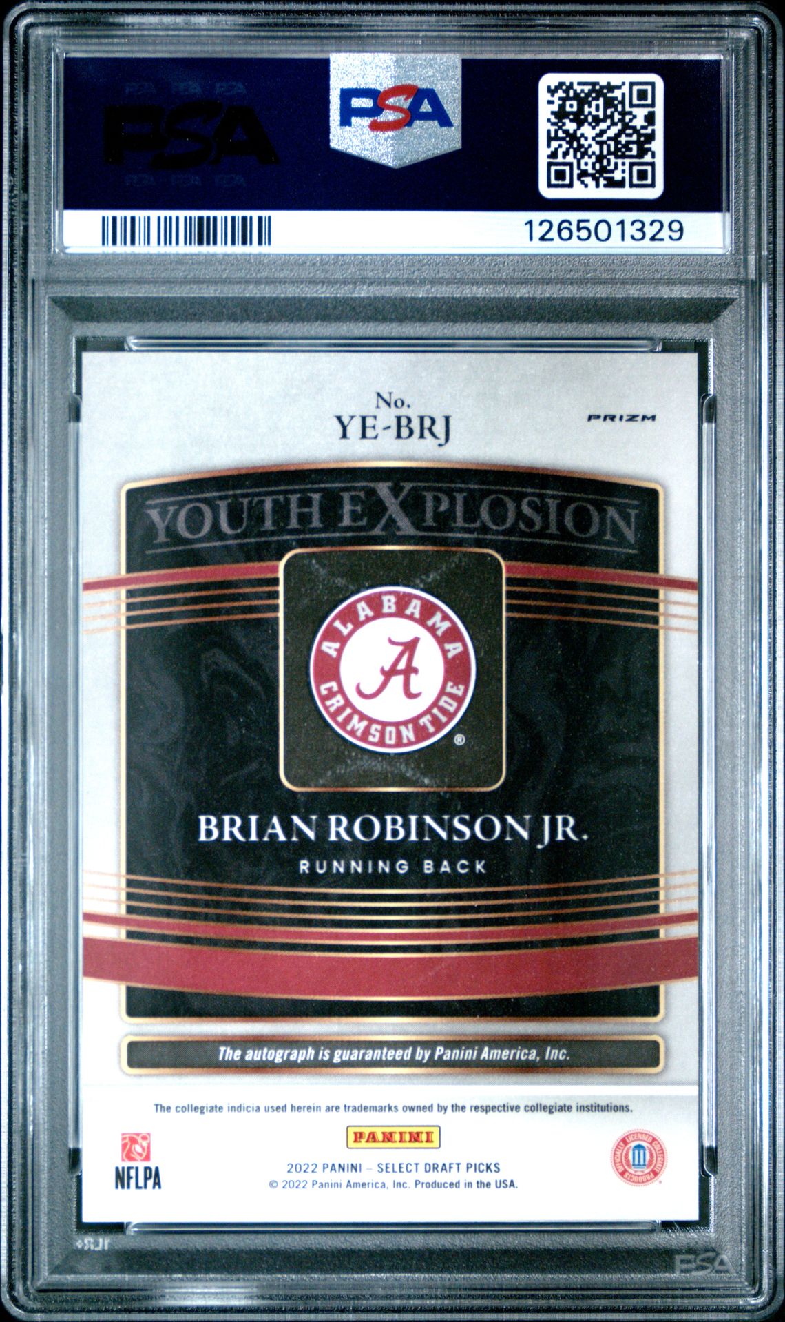 2022 Panini Select Draft Picks Youth Explosion Signatures Brian Robinson Jr. #Yebrj (Y/E Signature-Red Prizm) Mint 9 back