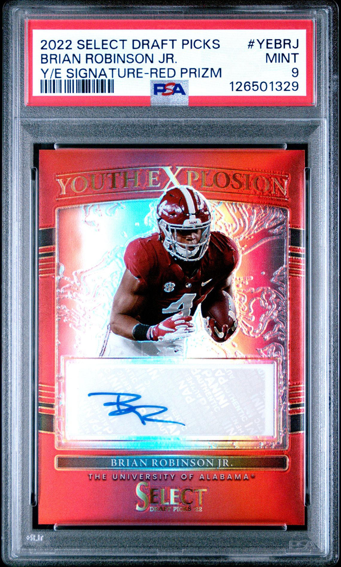 2022 Panini Select Draft Picks Youth Explosion Signatures Brian Robinson Jr. #Yebrj (Y/E Signature-Red Prizm) Mint 9 front