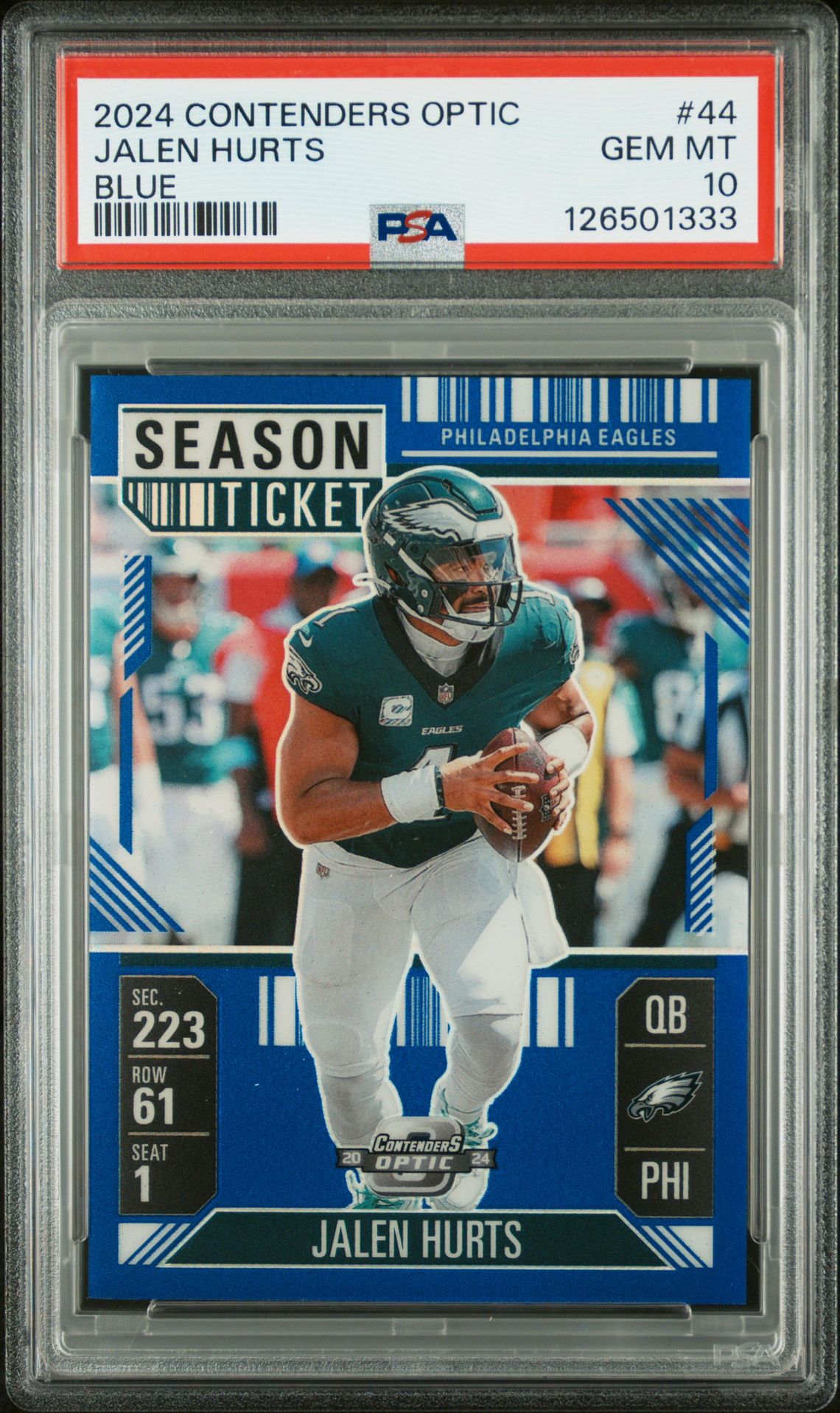 2024 Panini Contenders Optic Jalen Hurts #44 (Blue) Gem Mt 10 front