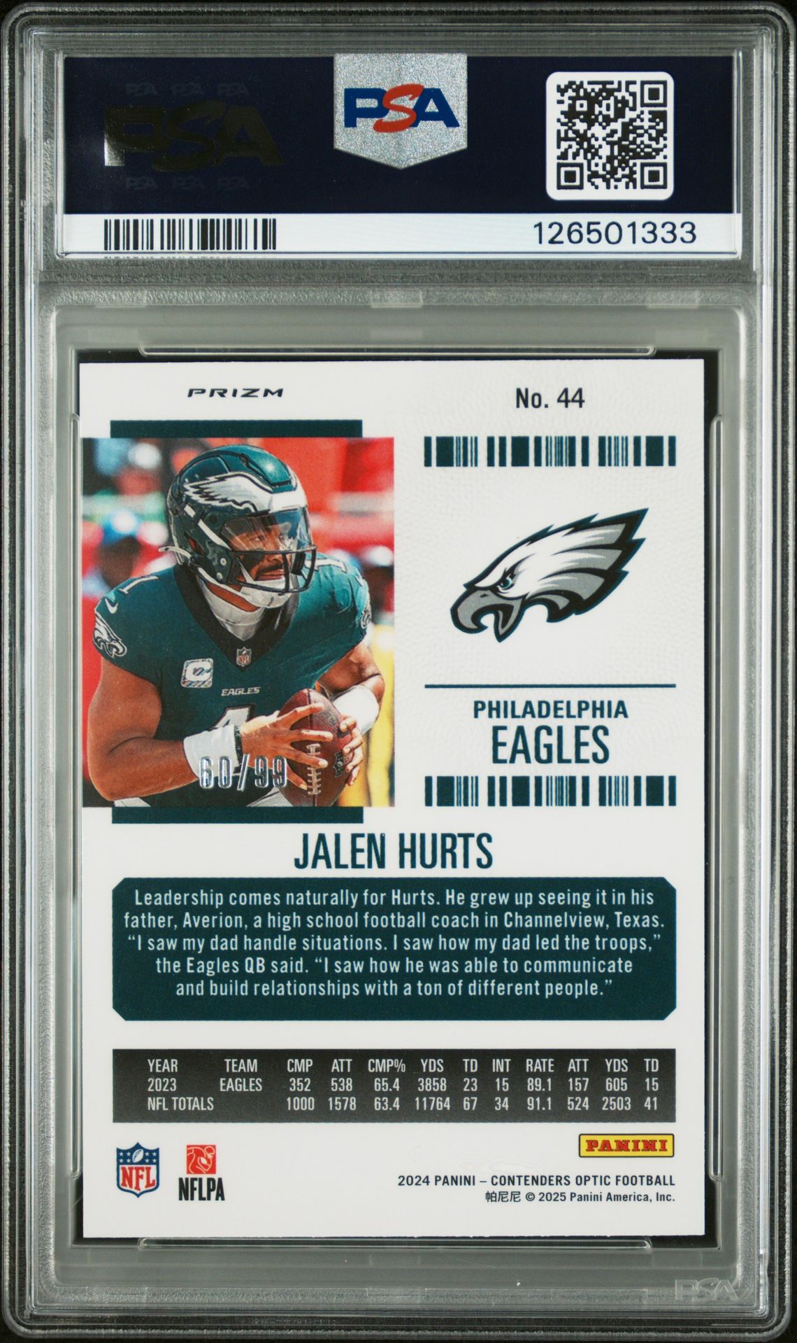 2024 Panini Contenders Optic Jalen Hurts #44 (Blue) Gem Mt 10 back