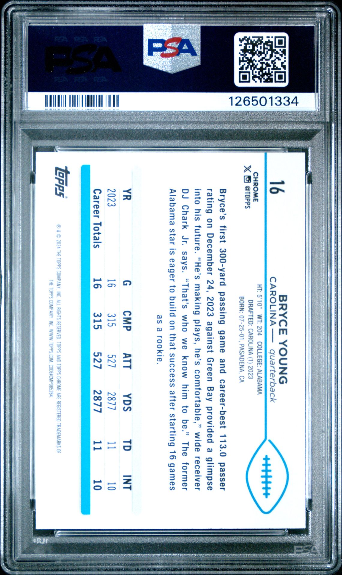 2024 Topps Chrome Bryce Young #16 (Yellow Refractor) Nm-Mt 8 back