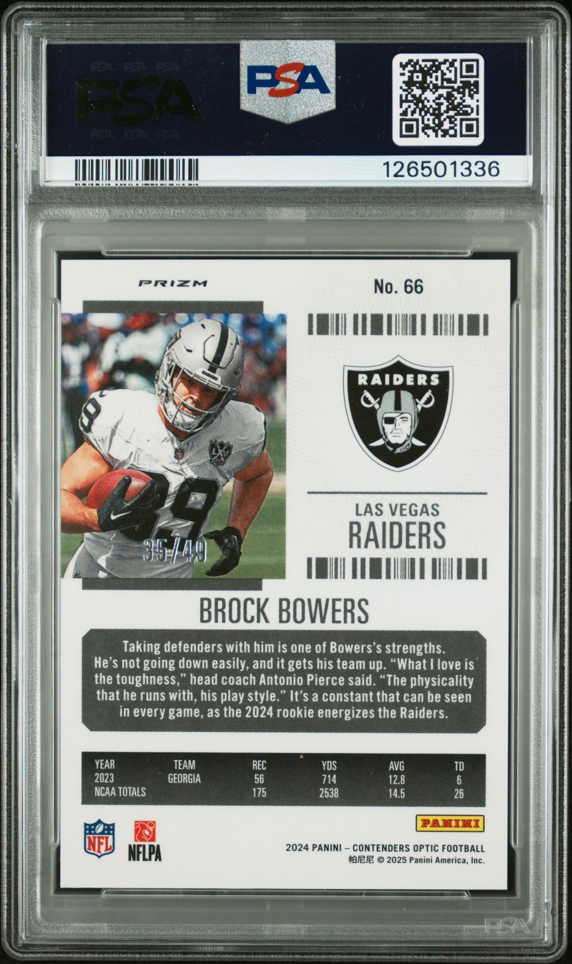 2024 Panini Contenders Optic Brock Bowers #66 (Green Pulsar) Mint 9 back