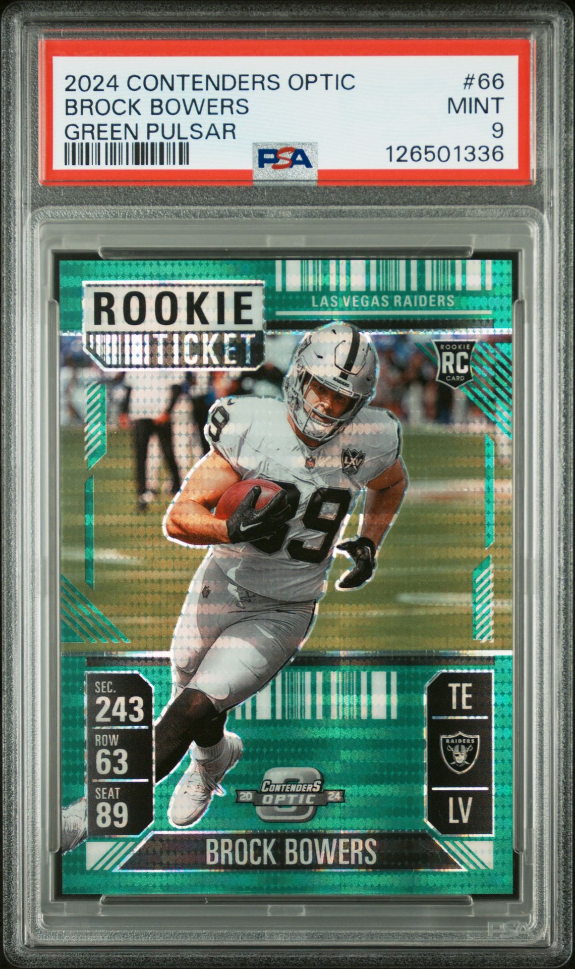 2024 Panini Contenders Optic Brock Bowers #66 (Green Pulsar) Mint 9 front
