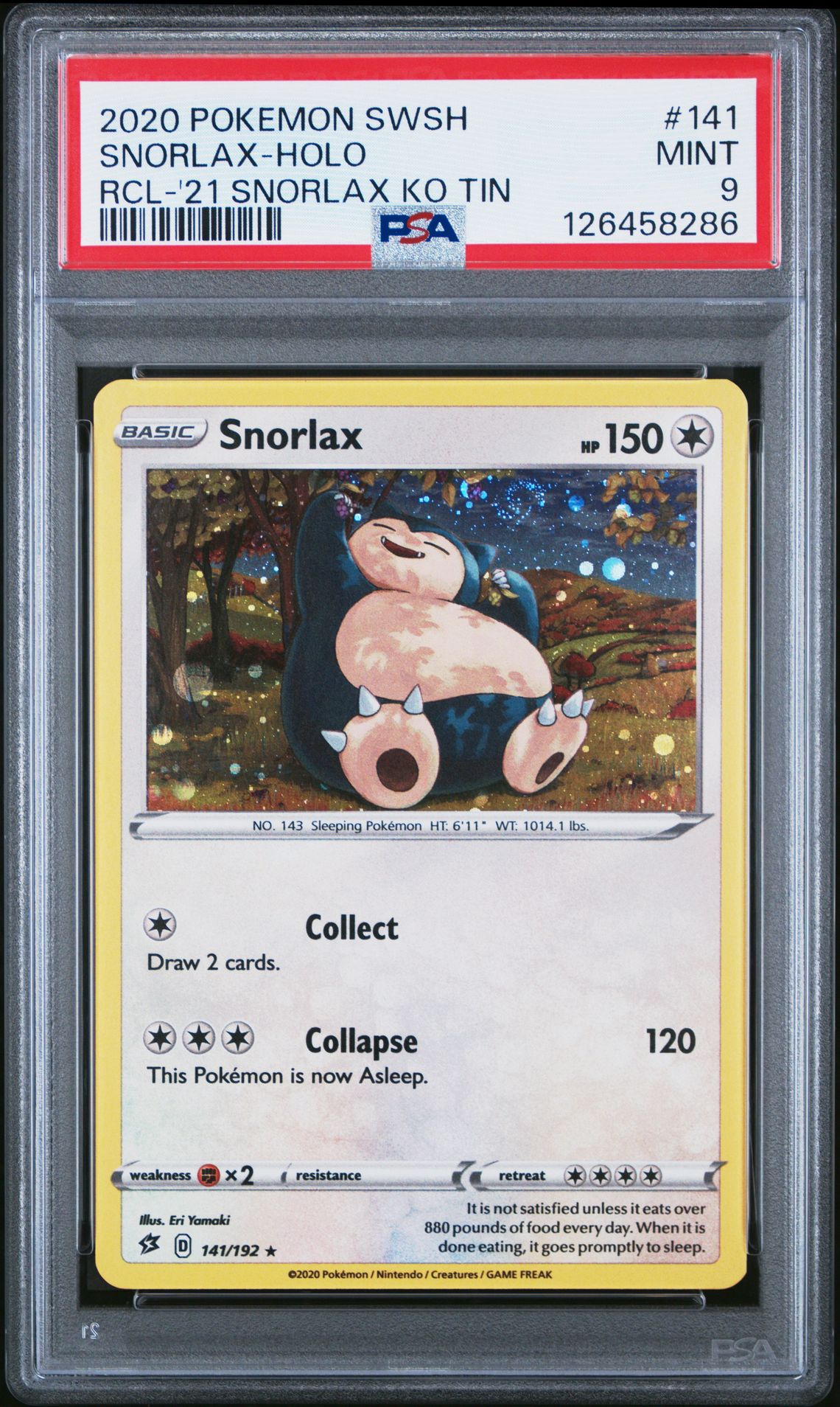 2020 Pokemon Sword & Shield Rebel Clash Snorlax-Holo #141 (Rcl-'21 Snorlax Ko Tin) Mint 9 front