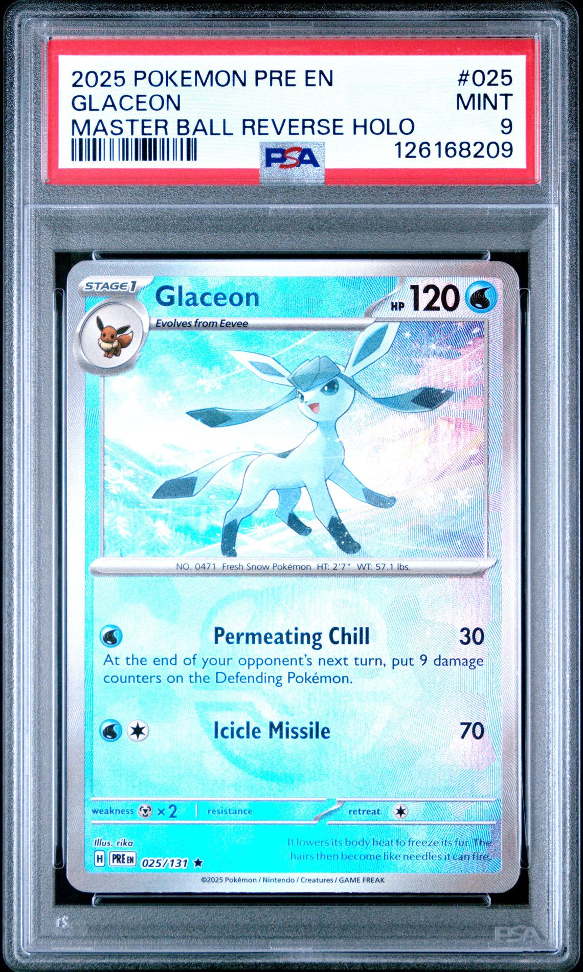2025 Pokemon Pre En-Prismatic Evolutions Glaceon #025 (Master Ball Reverse Holo) Mint 9 front