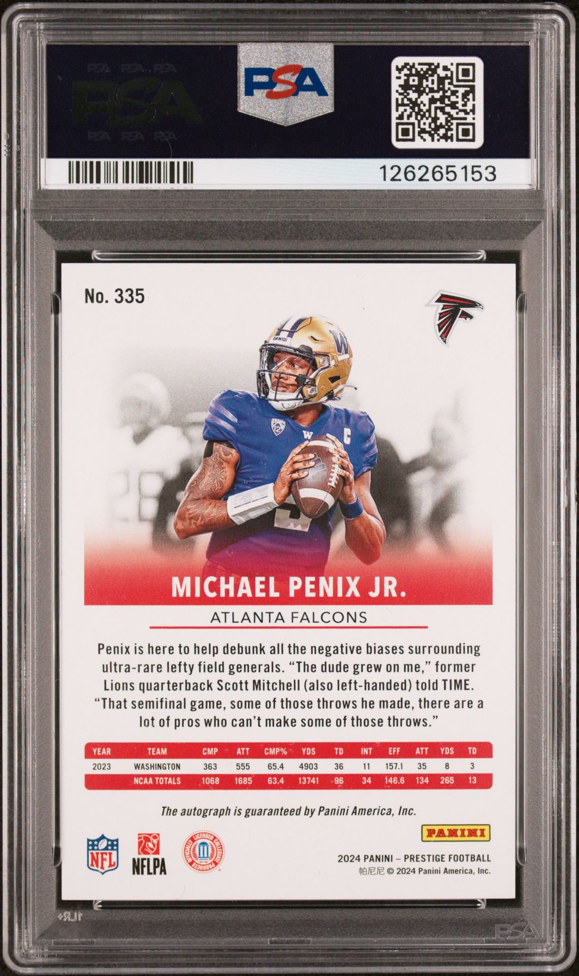 2024 Panini Prestige Michael Penix Jr. #335 (Red Xtra Points Premium-Sig) Mint 9 back
