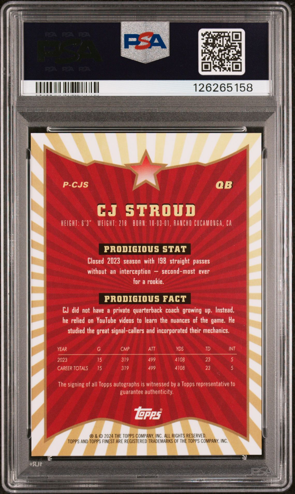 2024 Topps Finest Prodigies Autographs Cj Stroud #Pcjs Gem Mt 10 back