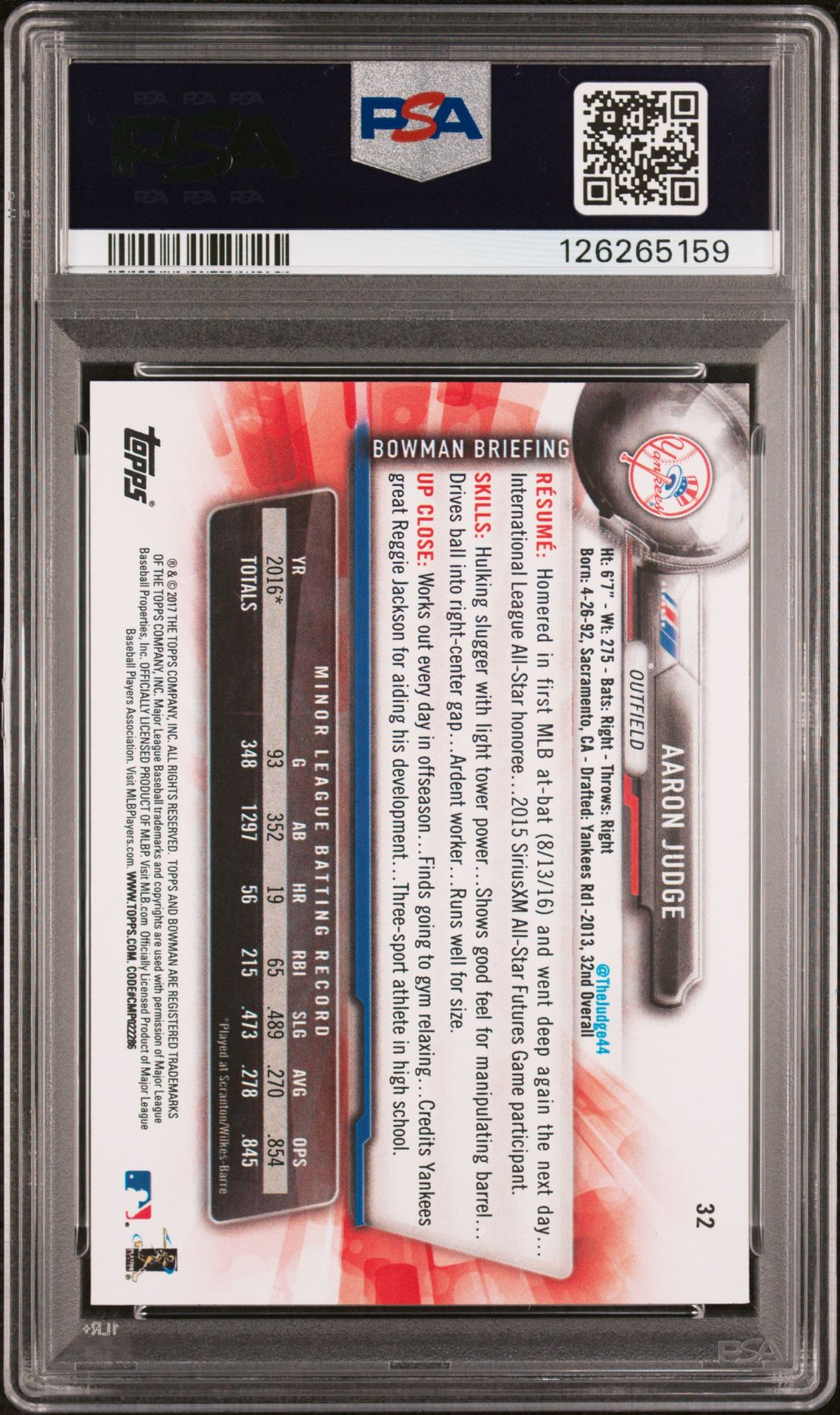 2017 Bowman Aaron Judge #32 Gem Mt 10 back