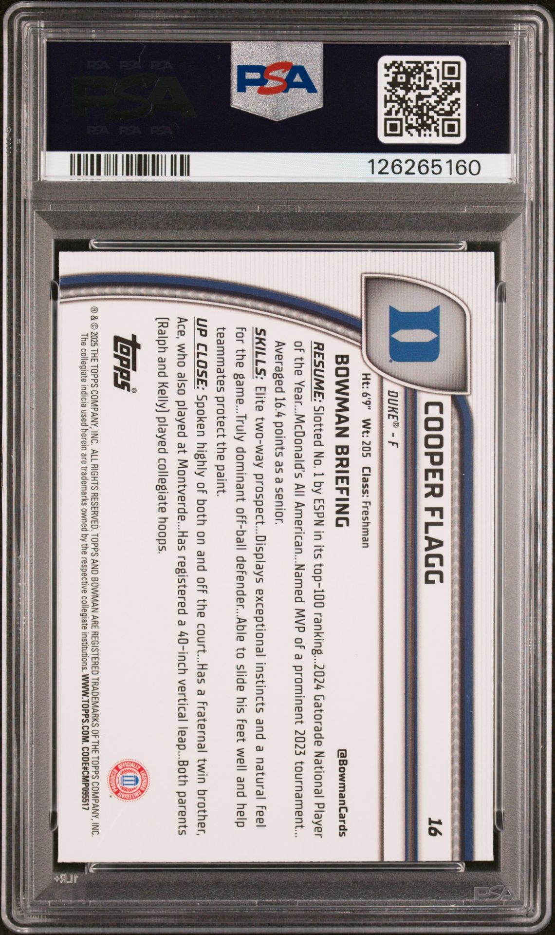 2024 Bowman Chrome University Cooper Flagg #16 (Reptilian Blue Refractor) Gem Mt 10 back