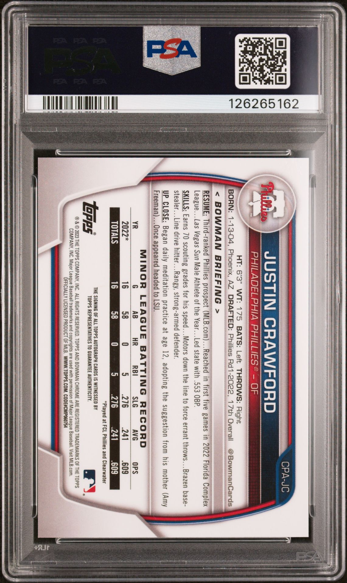 2023 Bowman Chrome Prospect Autographs Justin Crawford #Cpajc (Chrome Pros Au-Yellow Ref) Gem Mt 10 back