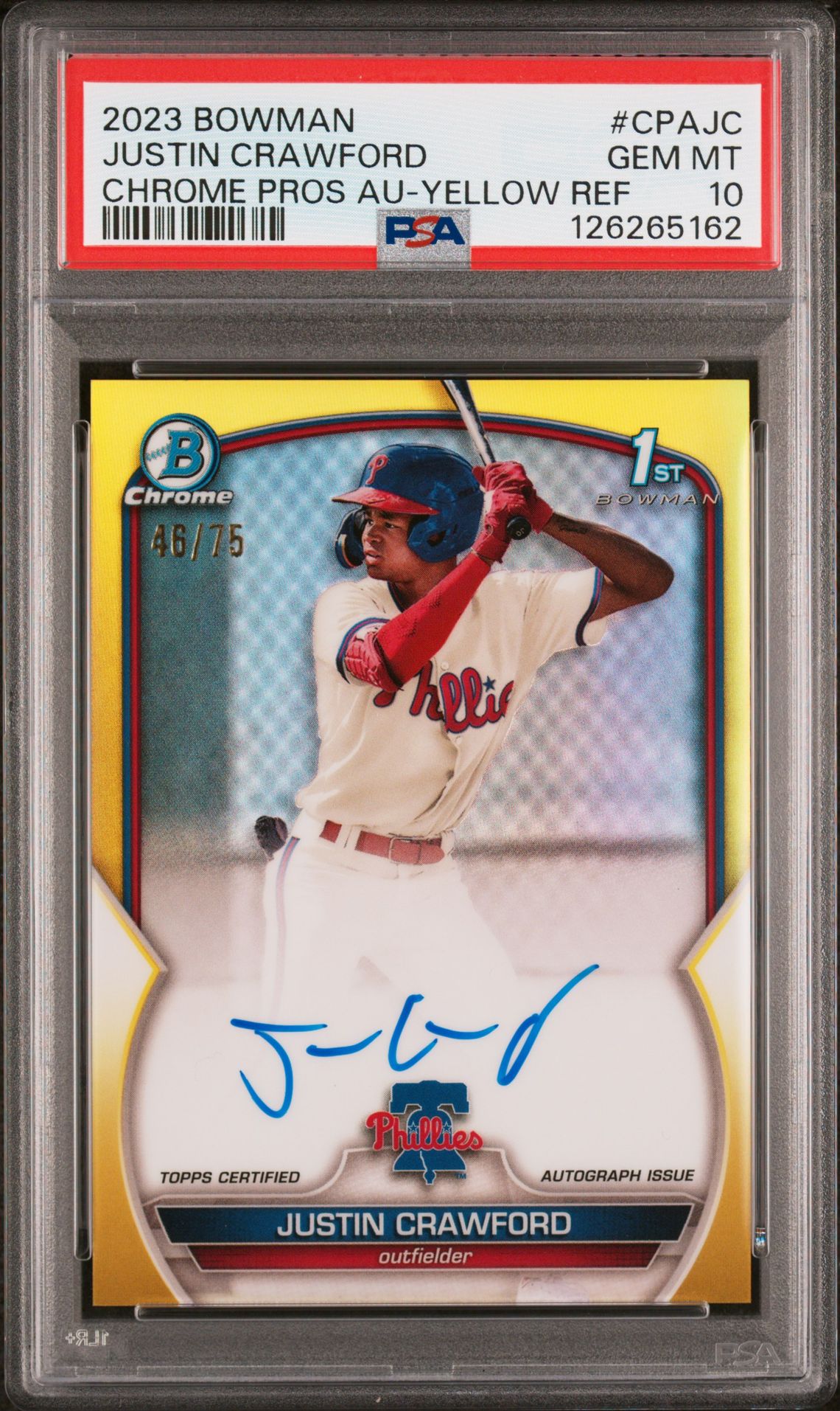 2023 Bowman Chrome Prospect Autographs Justin Crawford #Cpajc (Chrome Pros Au-Yellow Ref) Gem Mt 10 front