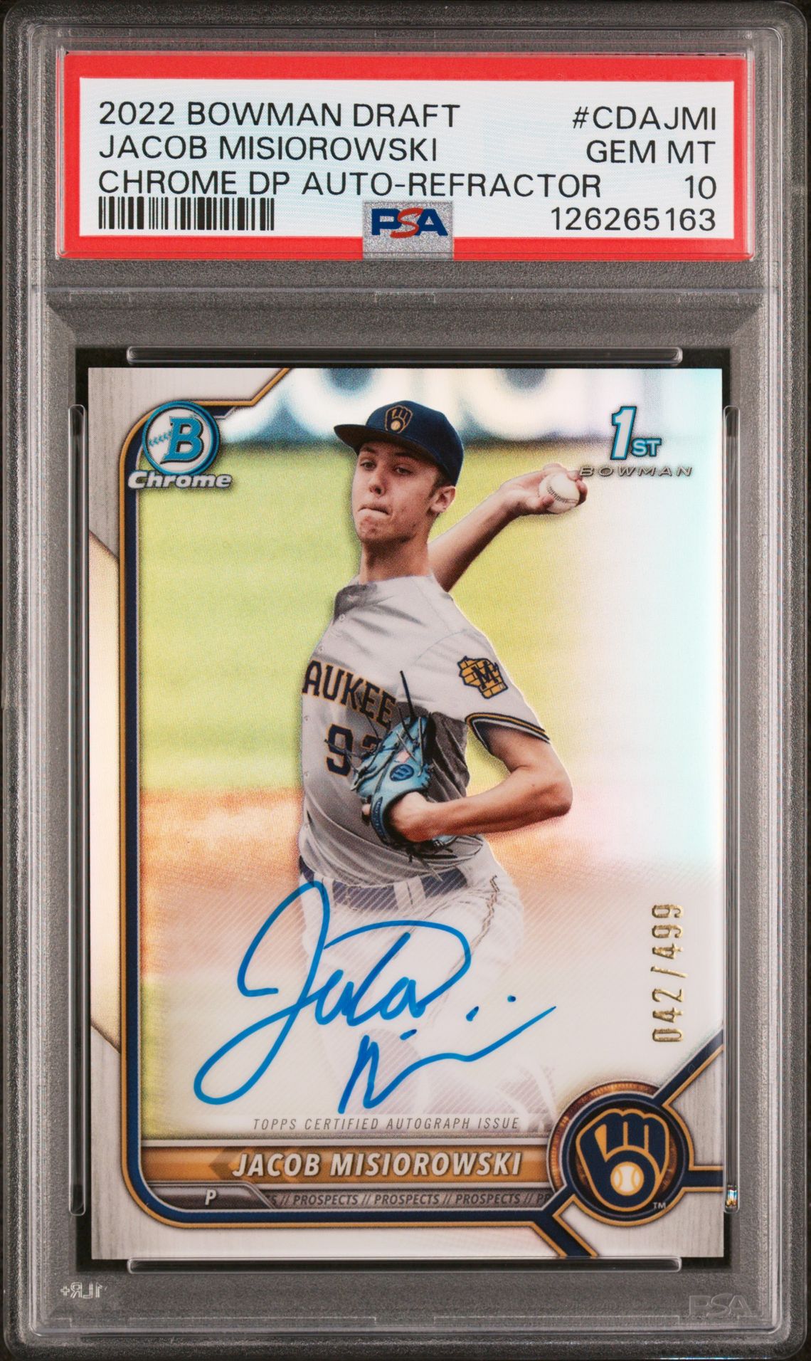 2022 Bowman Draft Chrome Draft Pick Autographs Jacob Misiorowski #Cdajmi (Chrome Dp Auto-Refractor) Gem Mt 10 front