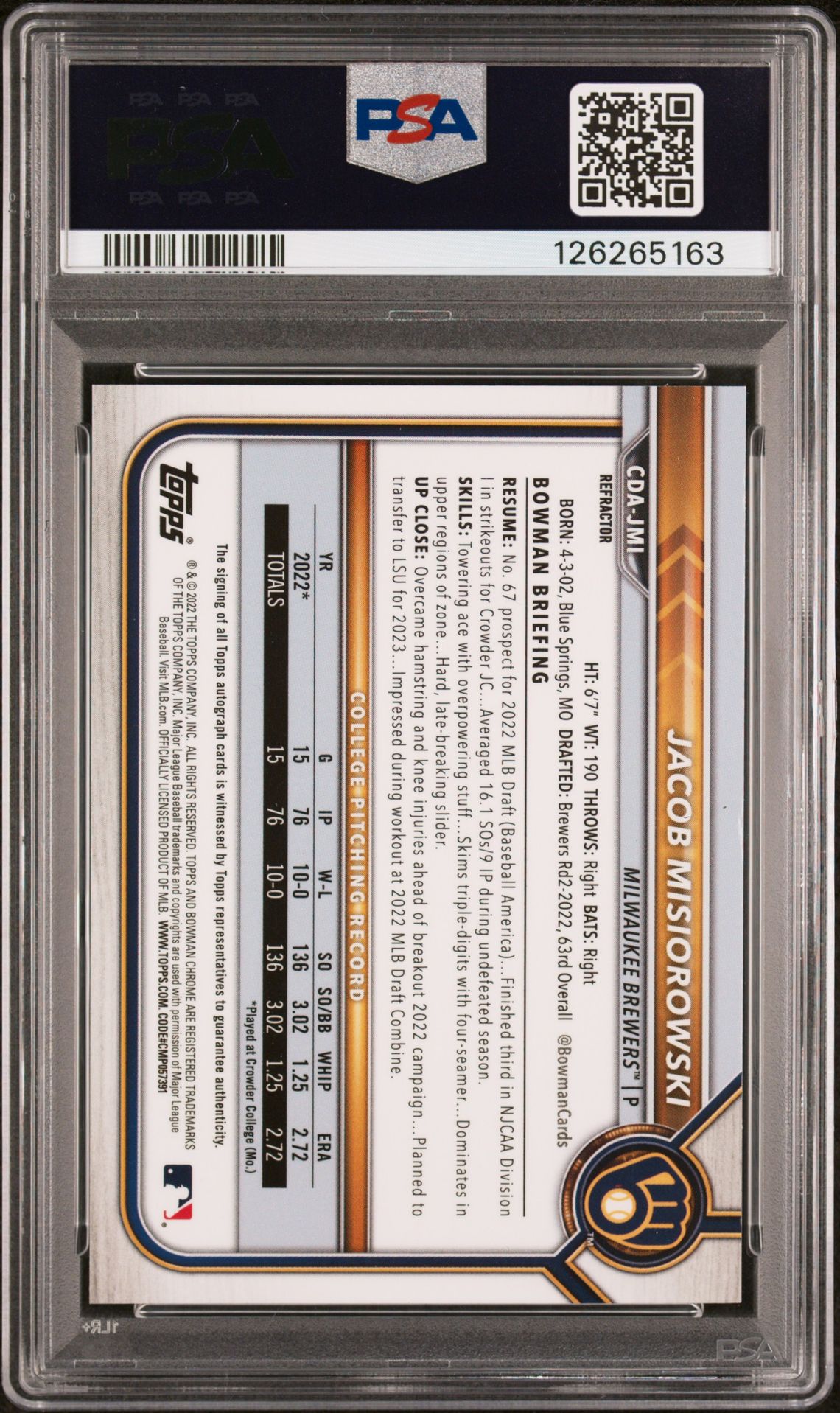 2022 Bowman Draft Chrome Draft Pick Autographs Jacob Misiorowski #Cdajmi (Chrome Dp Auto-Refractor) Gem Mt 10 back