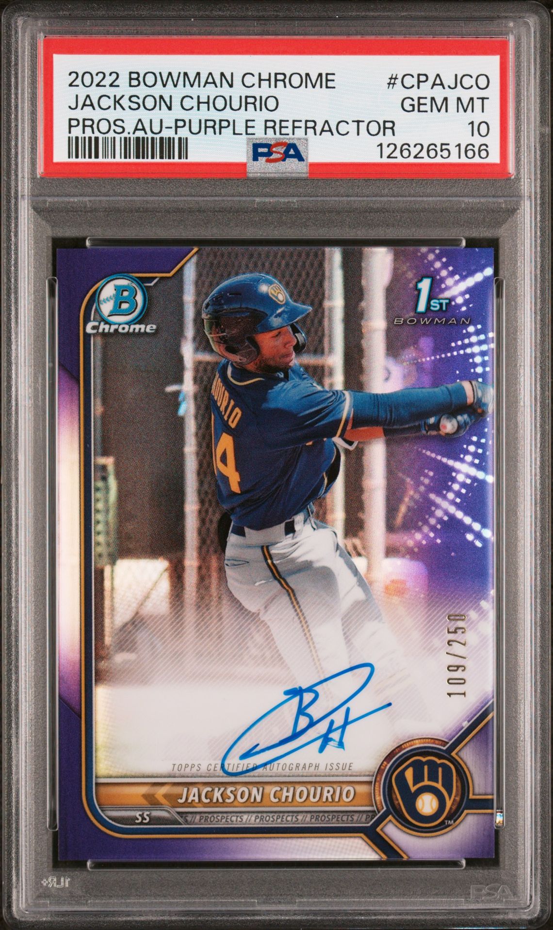2022 Bowman Chrome Prospect Autographs Jackson Chourio #Cpajco (Pros.au-Purple Refractor) Gem Mt 10 front