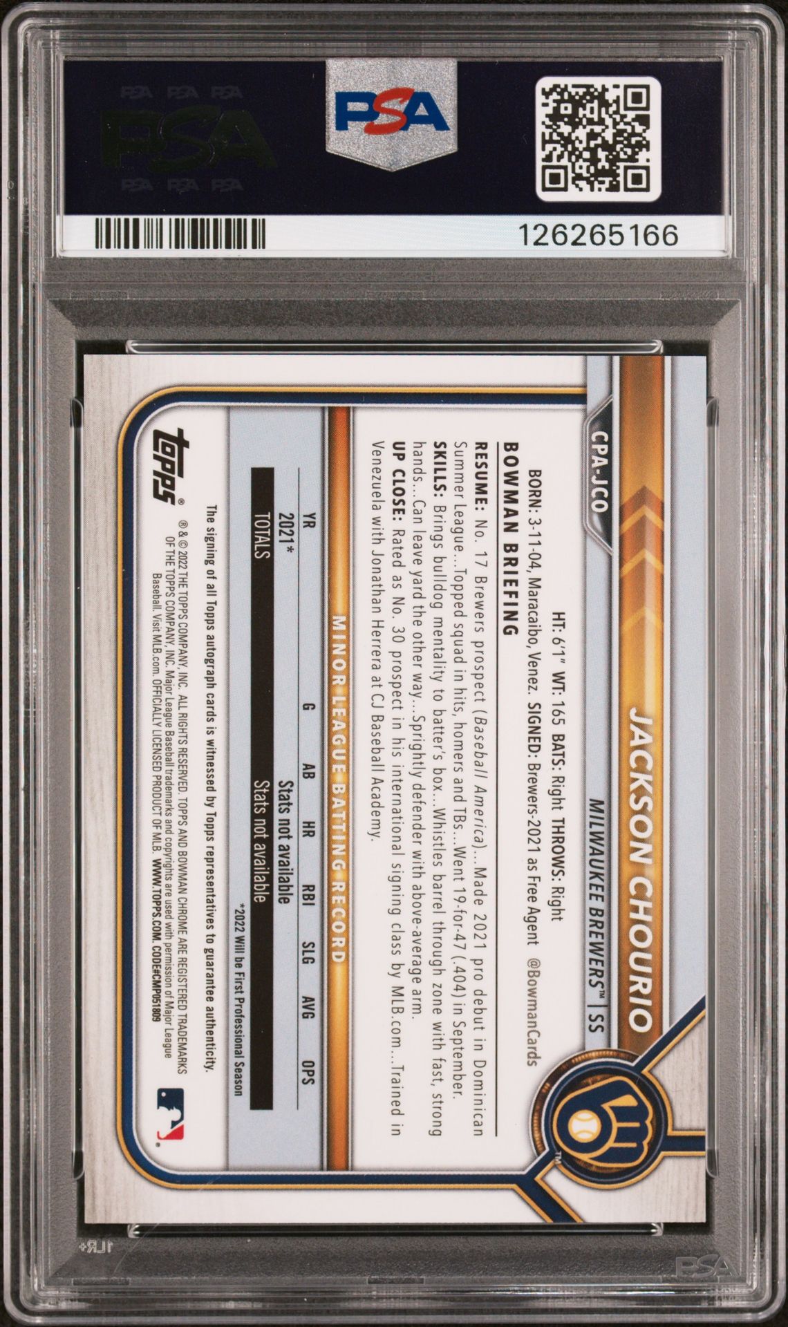 2022 Bowman Chrome Prospect Autographs Jackson Chourio #Cpajco (Pros.au-Purple Refractor) Gem Mt 10 back